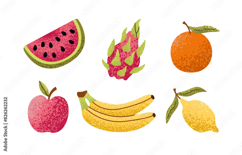 Set of colorful ripe tropical fruits with textures. Citrus orange and lemon, apple, dragon fruit, watermelon, banana. Vector flat illustration. Set of colorful ripe tropical fruits with textures. Citrus orange and lemon, apple, dragon fruit, watermelon, banana. Vector flat illustration.