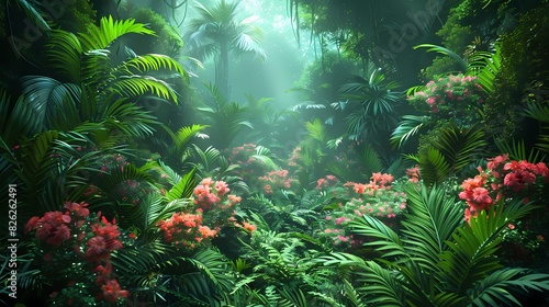 A vibrant tropical rainforest with dense vegetation, where emerald green leaves and colorful flowers flourish under the humid canopy