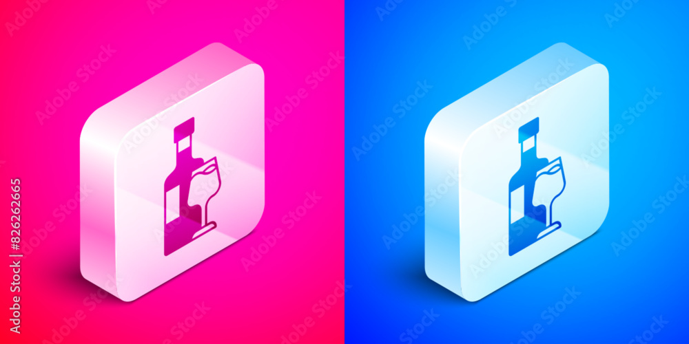 Isometric Wine bottle with glass icon isolated on pink and blue background. Silver square button. Vector Isometric Wine bottle with glass icon isolated on pink and blue background. Silver square button. Vector