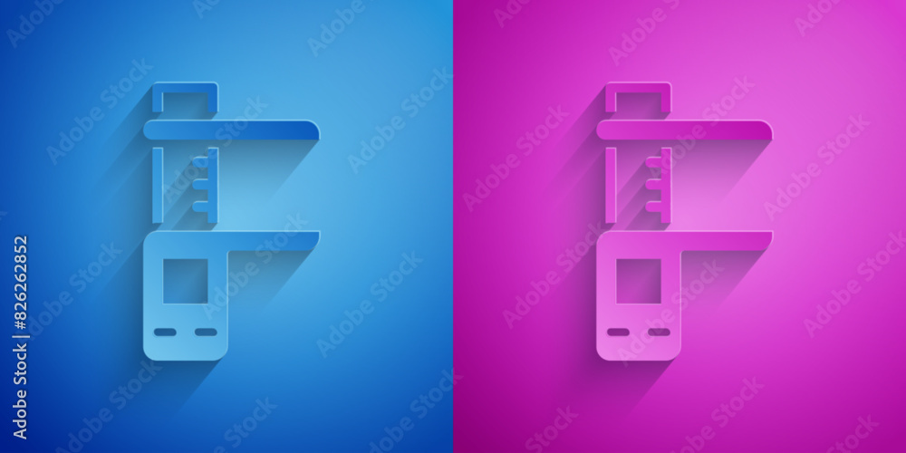 Paper cut Calliper or caliper and scale icon isolated on blue and purple background. Precision measuring tools. Paper art style. Vector Paper cut Calliper or caliper and scale icon isolated on blue and purple background. Precision measuring tools. Paper art style. Vector