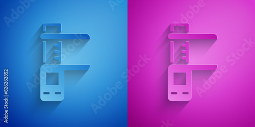 Paper cut Calliper or caliper and scale icon isolated on blue and purple background. Precision measuring tools. Paper art style. Vector