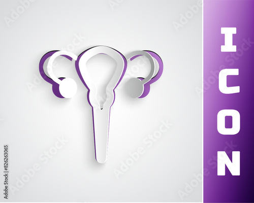 Paper cut Female reproductive system icon isolated on grey background. Anatomy. Gynecology. Woman health. Paper art style. Vector