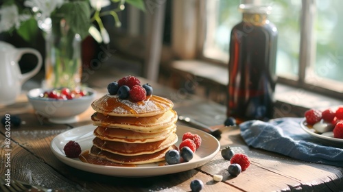 A stack of pancakes with blueberries and raspberries on top of a plate generated by AI photo