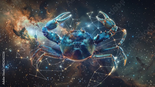 Cancer the crab constellation depicted with stars in a galaxy backdrop