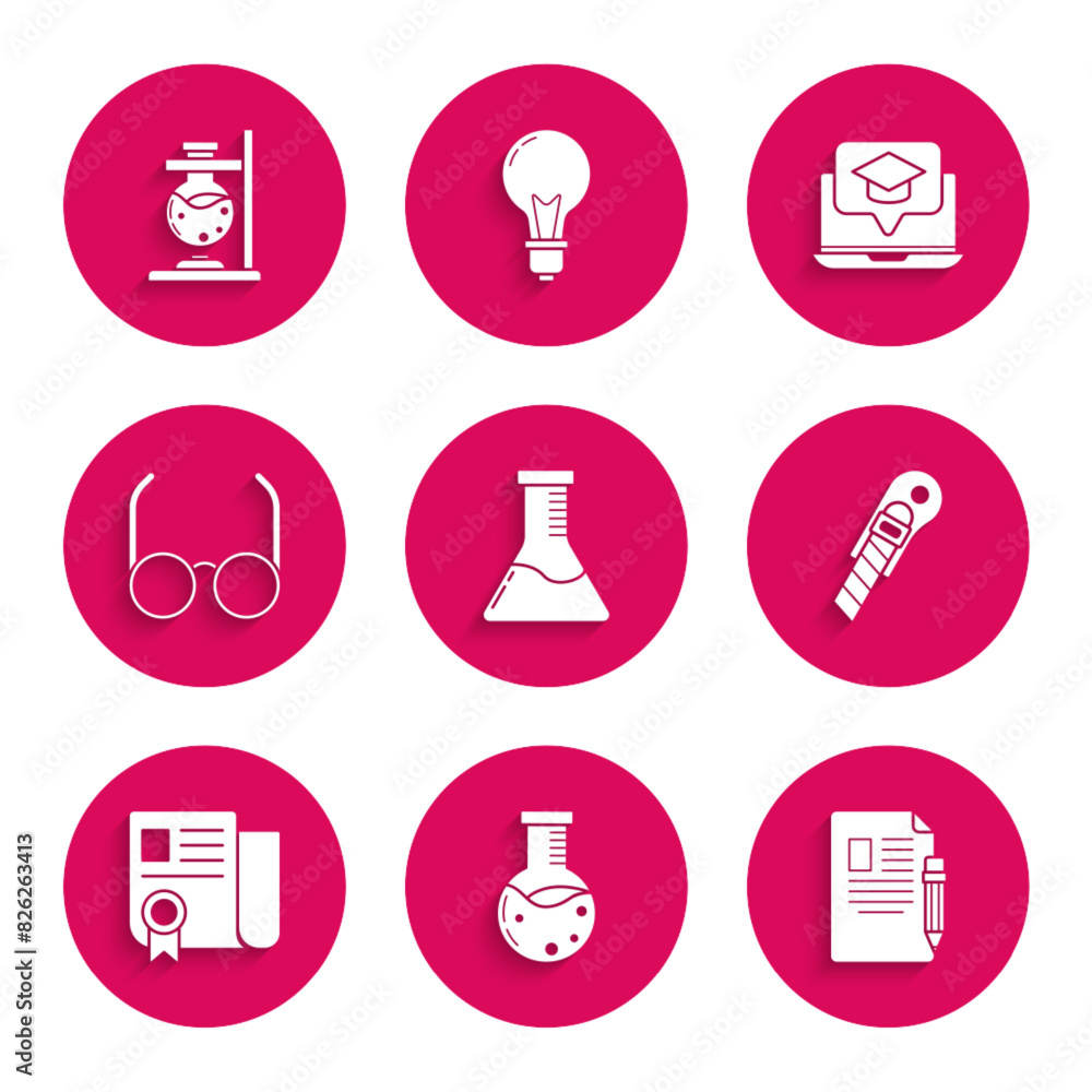 Φωτογραφία Set Test tube and flask chemical laboratory, Exam sheet pencil with eraser, Stationery knife, Certificate template, Glasses, Graduation cap screen laptop and test fire icon