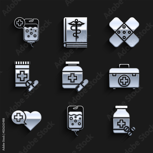 Set Medicine bottle and pills, IV bag, First aid kit, Heart with cross, Crossed bandage plaster and icon. Vector