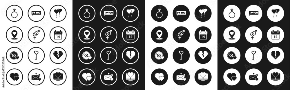Set Balloons in form of heart, Gender, Map pointer with, Wedding rings, Calendar February 14, Speech bubble I love you, Broken divorce and Romantic music icon. Vector Set Balloons in form of heart, Gender, Map pointer with, Wedding rings, Calendar February 14, Speech bubble I love you, Broken divorce and Romantic music icon. Vector