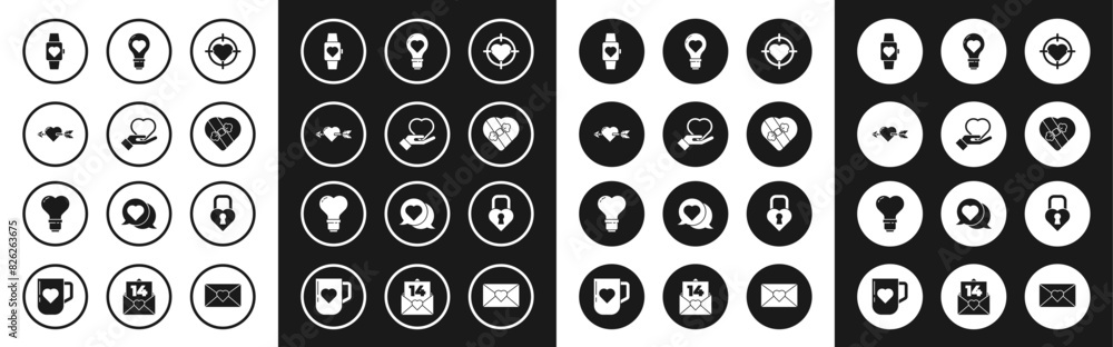 Set Heart in the center of darts target aim, on hand, Amour with heart arrow, wrist watch, Candy shaped box, light bulb, Castle and icon. Vector Set Heart in the center of darts target aim, on hand, Amour with heart arrow, wrist watch, Candy shaped box, light bulb, Castle and icon. Vector