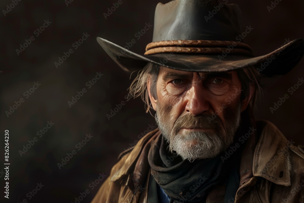 Closeup portrait of an older man with a stern expression wearing a cowboy hat Closeup portrait of an older man with a stern expression wearing a cowboy hat