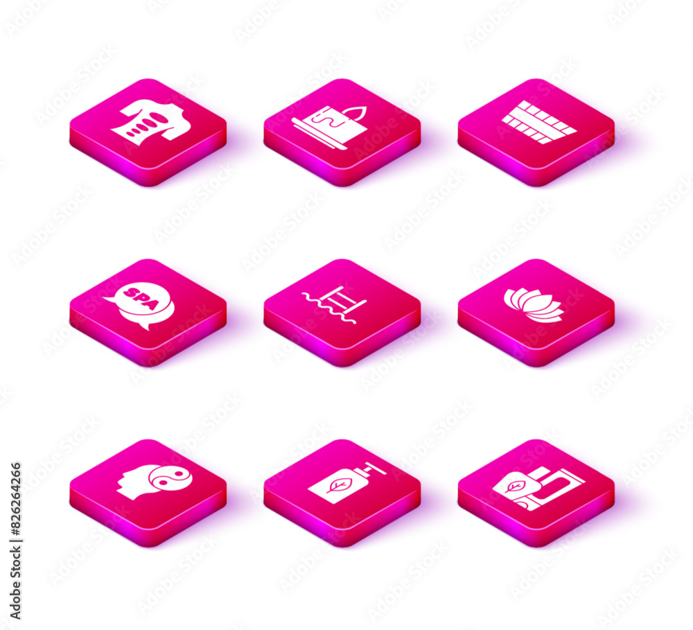Set Yin Yang, Essential oil bottle, Spa salon, Swimming pool with ladder, Ointment cream tube, Lotus flower, Sauna bucket and Aroma candle icon. Vector Set Yin Yang, Essential oil bottle, Spa salon, Swimming pool with ladder, Ointment cream tube, Lotus flower, Sauna bucket and Aroma candle icon. Vector