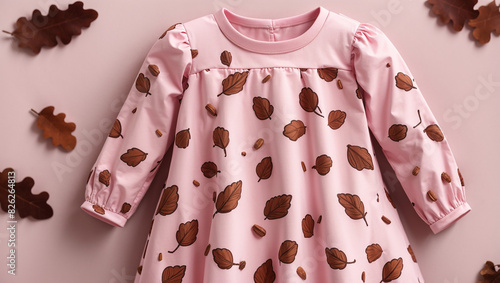 A pink dress with brown acorn print hanging on a white hanger in front of a pink background with brown leaf cutouts.   © Muzamil