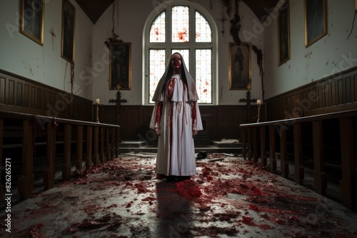 Possessed bloody Nun in a church or temple. Nun possessed by the devil. Evil nun. Horror movie concept. Halloween concept with copy space. Portrait of scary devilish nun.