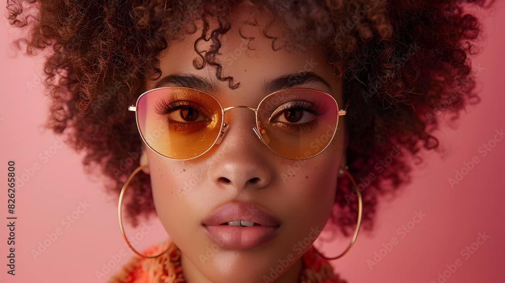 Obraz premium portrait of a black woman with orange sunglasses and pink background