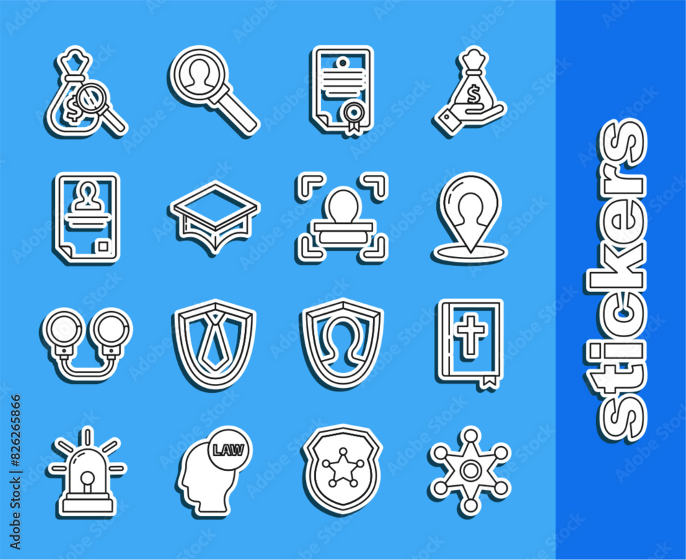Φωτογραφία Set line Hexagram sheriff, Map marker with silhouette of person, Certificate template, Graduation cap, Identification badge, Money bag and magnifying glass and Face recognition icon