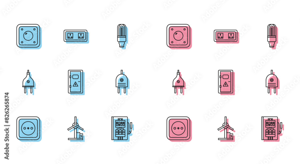 Set line Electrical outlet, Wind turbine, light switch, panel, cabinet, plug, and icon. Vector Set line Electrical outlet, Wind turbine, light switch, panel, cabinet, plug, and icon. Vector