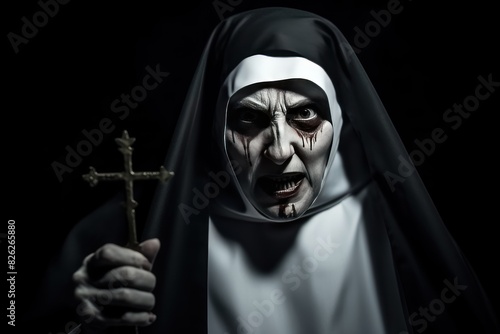 Possessed Nun on a background with copy space. Nun possessed by the devil. Evil nun. Horror movie concept. Halloween concept with copy space. Portrait of scary devilish nun.