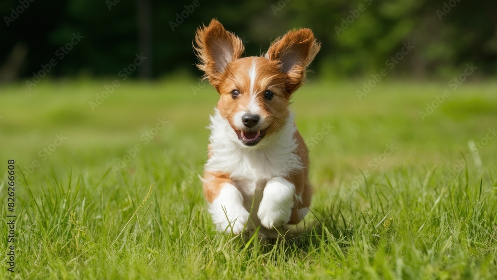 Sunny Pup Happy Dog Puppy Enjoying Springtime Frolics in the Grass, Ears Bouncing with Joy Sunny Pup Happy Dog Puppy Enjoying Springtime Frolics in the Grass, Ears Bouncing with Joy