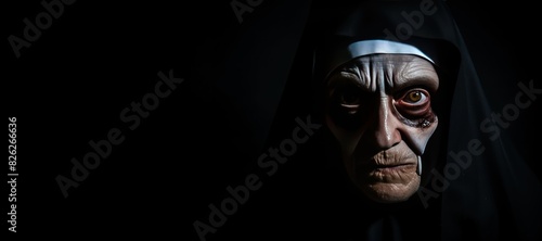 Possessed Nun on a background with copy space. Nun possessed by the devil. Evil nun. Horror movie concept. Halloween concept with copy space. Portrait of scary devilish nun. photo