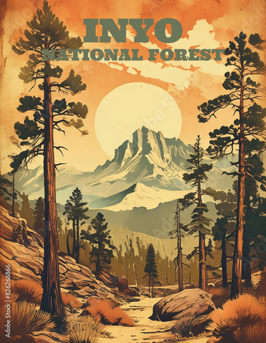 Generated image of a vintage wild west poster depicting Inyo national forest in California. photo