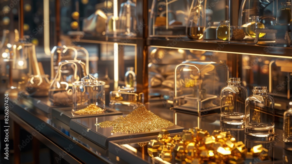 Various gold nuggets and gold dust are showcased in a well-lit museum exhibit during the night, with glass containers and reflective surfaces enhancing the display.