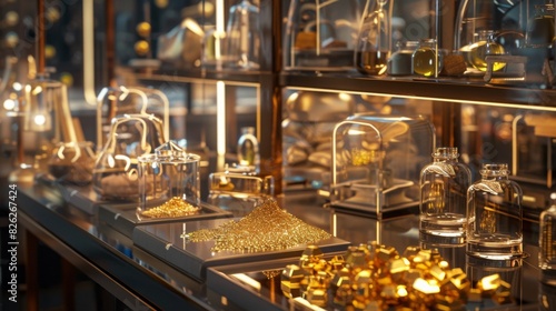 Various gold nuggets and gold dust are showcased in a well-lit museum exhibit during the night  with glass containers and reflective surfaces enhancing the display.