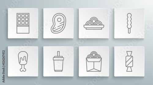 Set line Chicken leg  Steak meat  Paper glass with straw  Noodles in box  Candy  Asian noodles bowl  Lollipop and Chocolate bar icon. Vector