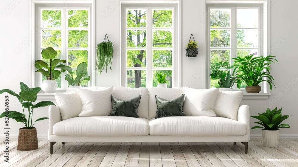 Minimalist loft interior white walls, wood flooring, stylish furnishings for spacious comfort Minimalist loft interior white walls, wood flooring, stylish furnishings for spacious comfort