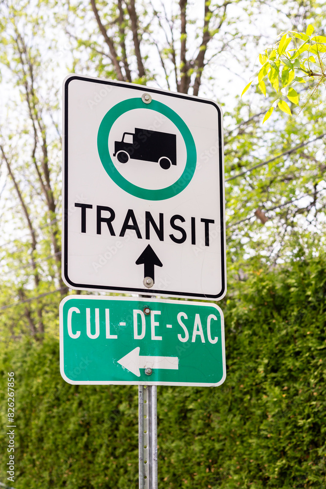 Vertical view of truck transit and cul-de-sac signs on a leafy street, Quebec City, Quebec, Canada