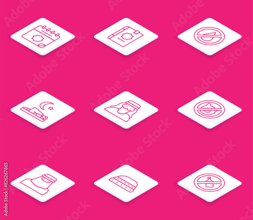 Set line Ramadan calendar, Holy book of Koran, No water, Muslim man prays, pig, woman in niqab and hat for prayer icon. Vector