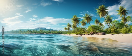 Tropical beach with palm trees and calm waves, copy space,