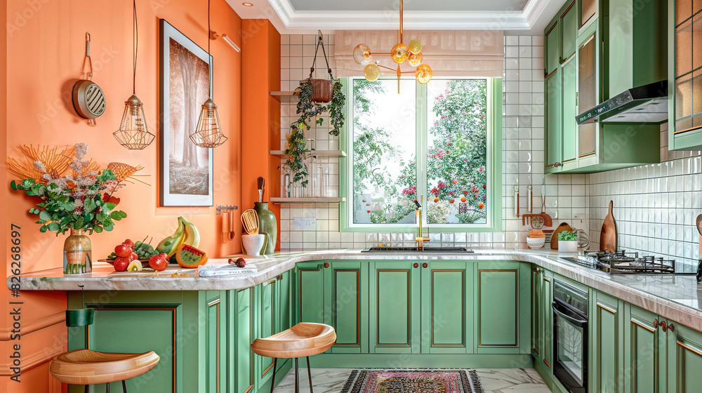 Orange walls, green cabinets, sink, & window with potted plant Orange walls, green cabinets, sink, & window with potted plant