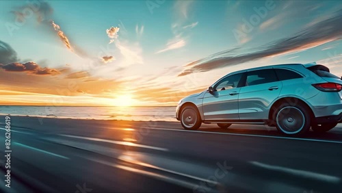 A white car drives into the sunset on a coastal road: An image of serenity and freedom. Concept Sunset Drive, Coastal Road, White Car, Serenity, Freedom photo