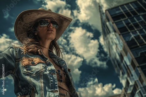 Confident woman in a cowboy hat and sunglasses stands against a backdrop of city skyscrapers photo