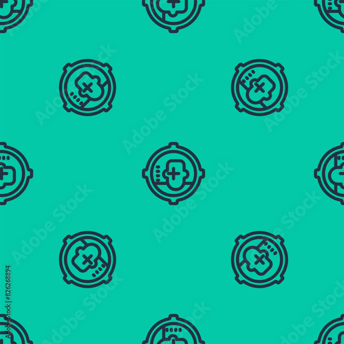 Blue line Headshot icon isolated seamless pattern on green background. Sniper and marksman is shooting on the head of man, lethal attack, assault and assassination. Vector