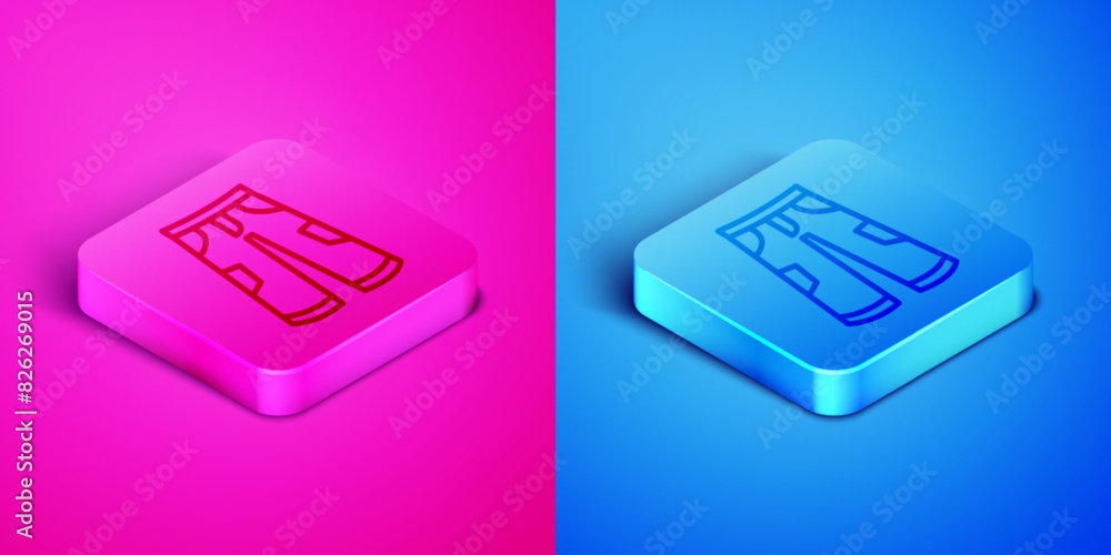 Isometric line Pants icon isolated on pink and blue background. Trousers sign. Square button. Vector Isometric line Pants icon isolated on pink and blue background. Trousers sign. Square button. Vector