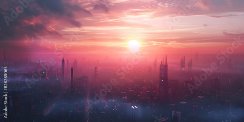 A sunset over a city with a red sky.