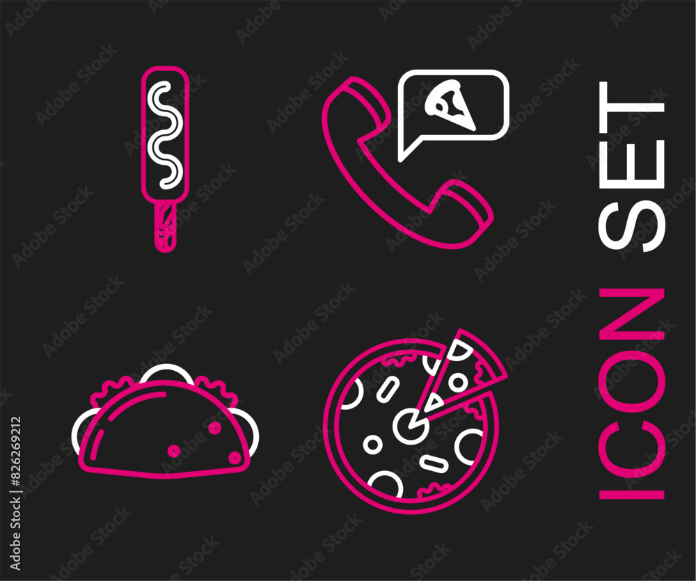 Set line Pizza, Taco with tortilla, Food ordering pizza and Ice cream icon. Vector