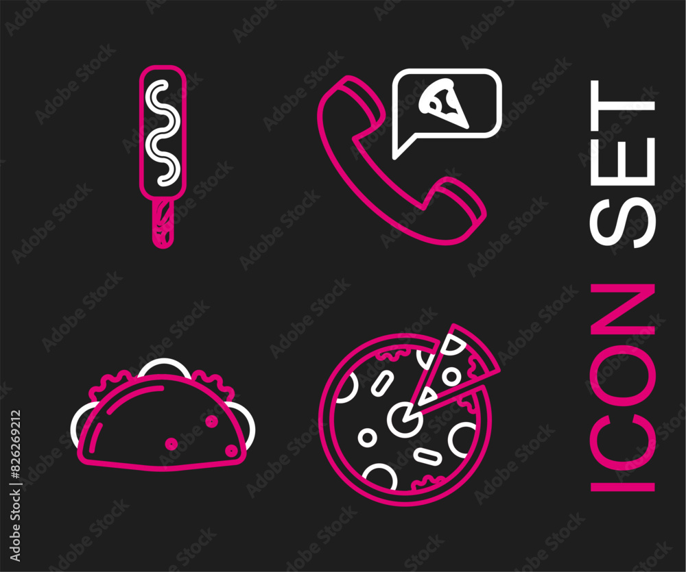 Set line Pizza, Taco with tortilla, Food ordering pizza and Ice cream icon. Vector Set line Pizza, Taco with tortilla, Food ordering pizza and Ice cream icon. Vector