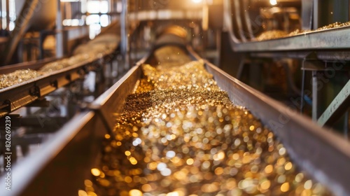 A conveyor belt transports gold particles through an industrial processing facility, illuminated by bright lights, emphasizing the sparkle of the metal.