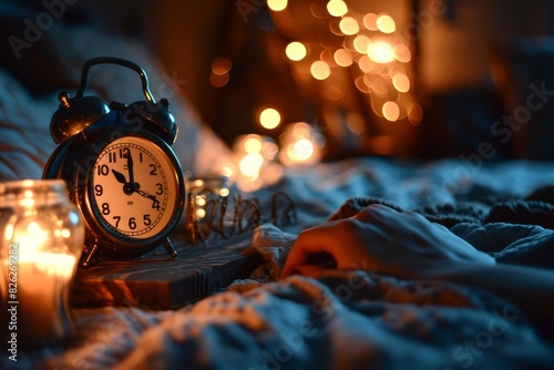 An alarm clock is placed on a bed beside a flickering candle, possibly indicating nighttime routine or preparation for sleep