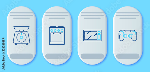 Set line Oven, Microwave oven, Scales and Gamepad icon. Vector