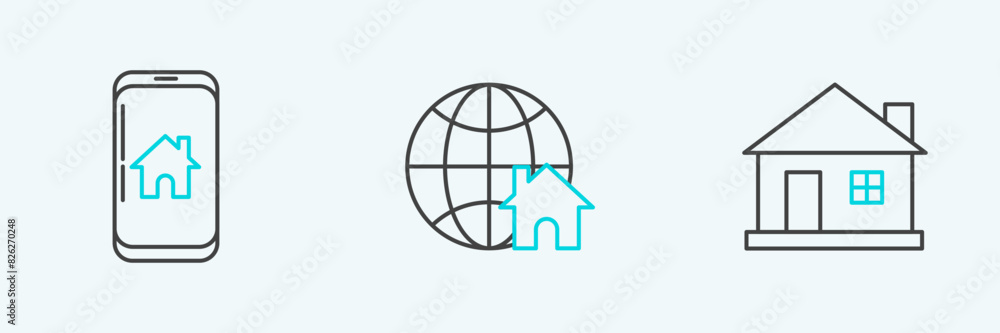Set line House, Mobile phone with smart home and Globe house symbol icon. Vector Set line House, Mobile phone with smart home and Globe house symbol icon. Vector