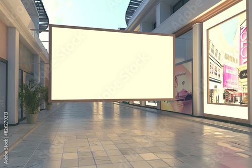 Ultra realistic 3D render of a minimalist shopping street with a blank billboard for retail ads  highlighted with a light border.