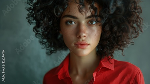 Young woman with dark curly hair in a red shirt photo