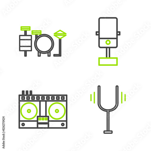 Set line Musical tuning fork, DJ remote playing and mixing music, Microphone and Drums icon. Vector
