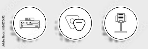 Set line Music stand, CD player and Guitar pick icon. Vector