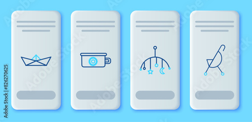 Set line Baby potty, crib hanging toys, Folded paper boat and stroller icon. Vector