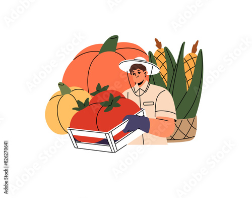 Farm worker carries vegetables in crate for sale. Vendor holds farming products: tomatoes, pumpkins. Farmer gathers autumn harvest, crop into wooden basket. Flat isolated vector illustration on white
