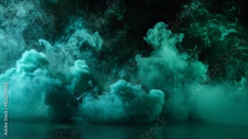 Ground green and blue fog background, 3d rendering. Smoke cloud scene neon light. Spooky dark magic haze. Panoramic view of the abstract fog.
