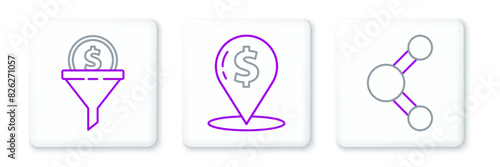 Set line Share, Lead management and Cash location pin icon. Vector